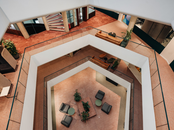 View from above of the multi-storey atrium at Nortal office